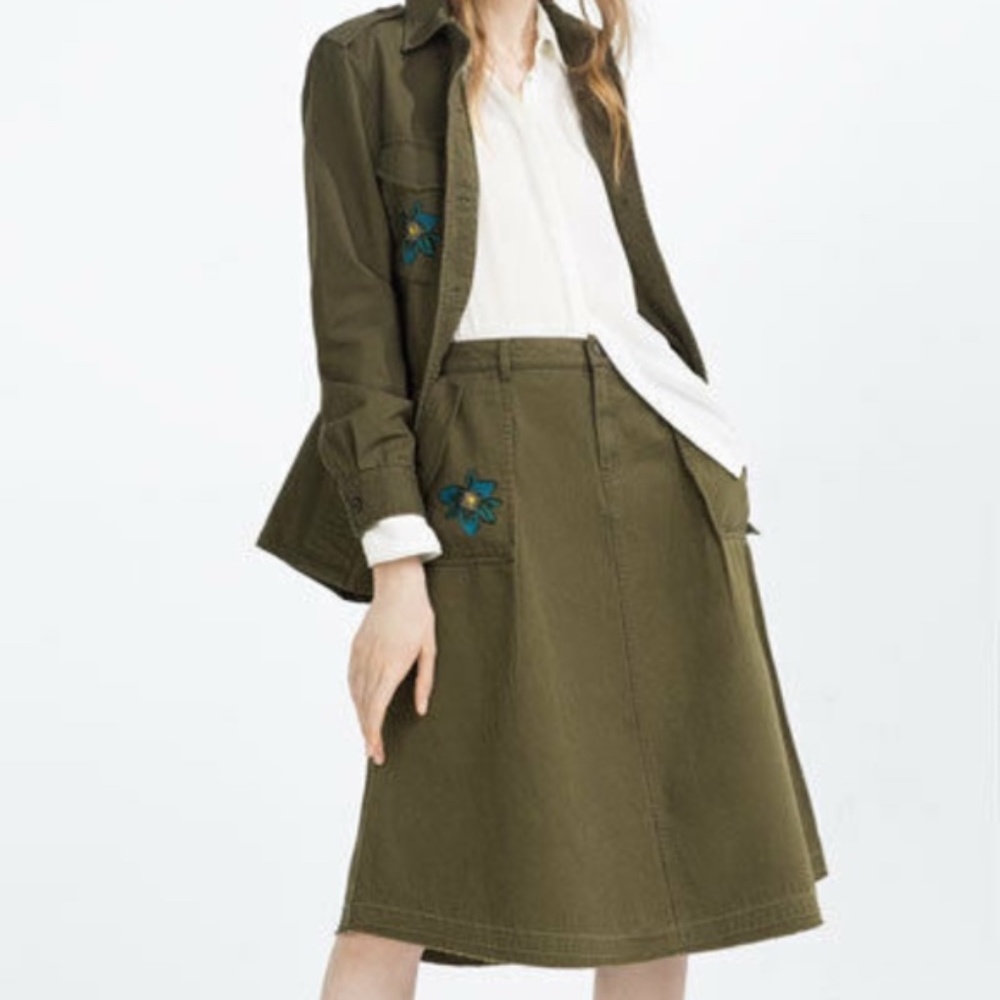 Zara Olive Green Floral Embroidered Fray Skirt - Picture 3 of 8